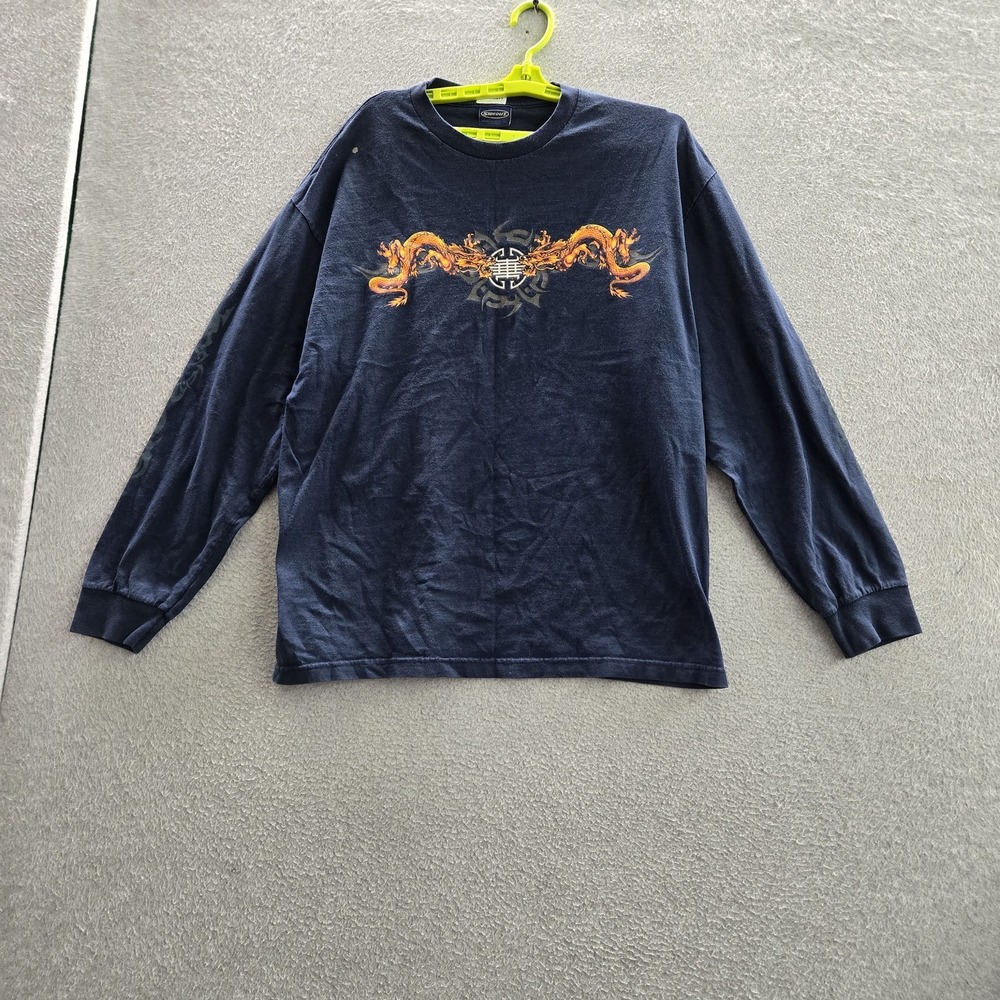 Sideout Men Shirt XL Navy Blue Y2K Dragon Graphic Print Long Sleeve Tee READ
